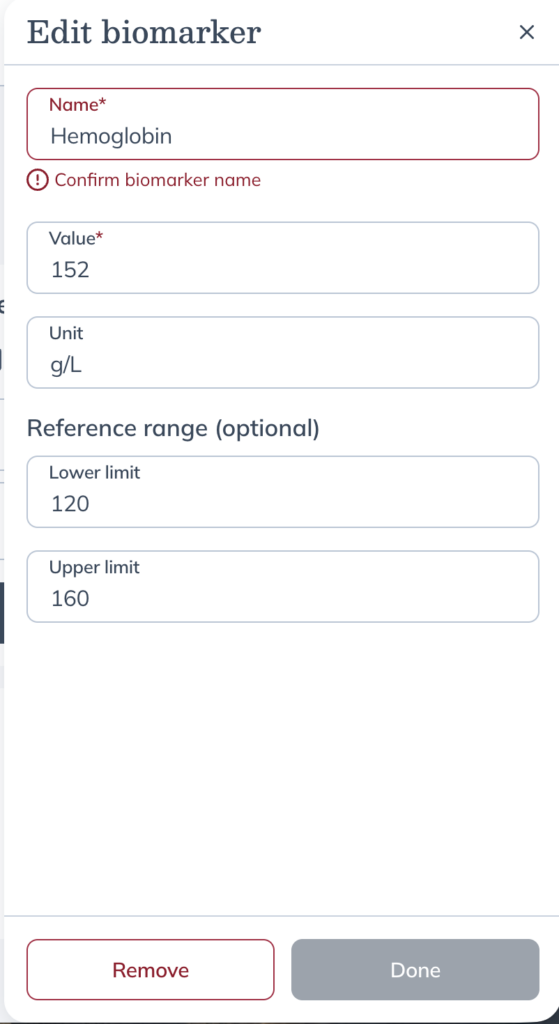 The biomarker review drawer showing an issue that requires confirmation before finalizing results.